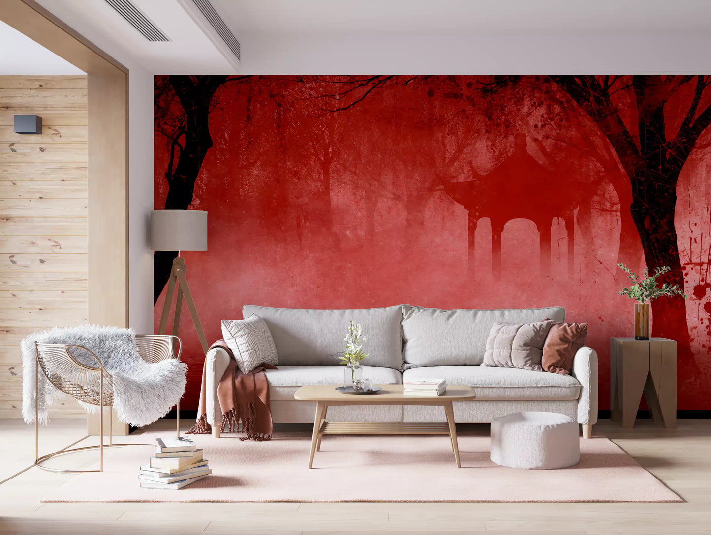 Crimson Pagoda Mist Wall Mural