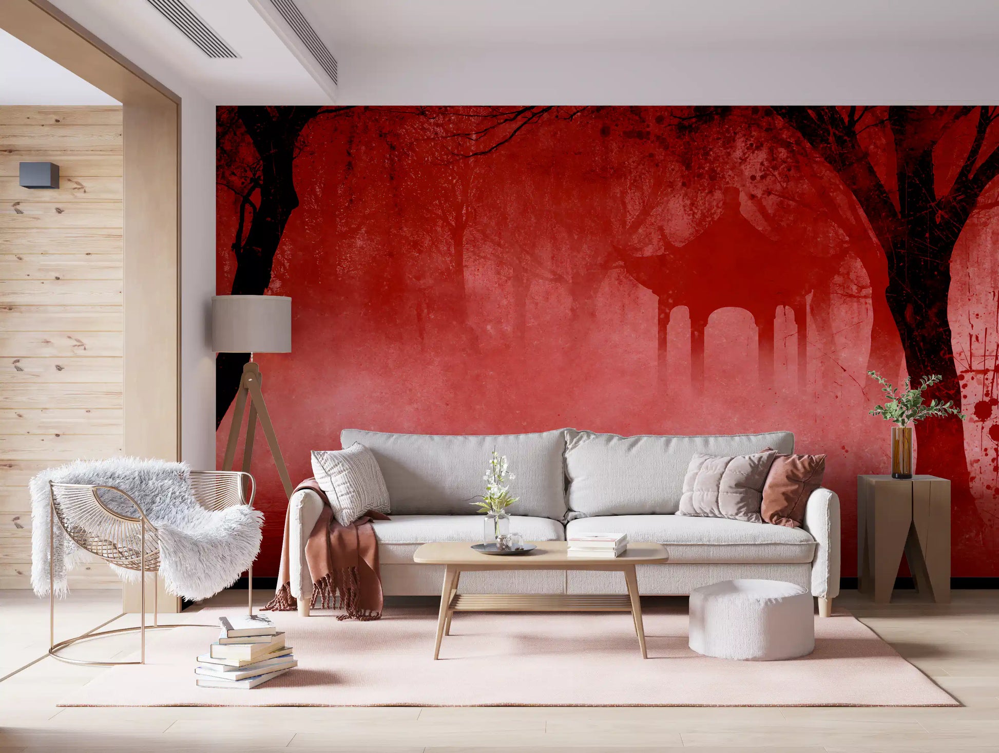 Crimson Pagoda Mist Wall Mural