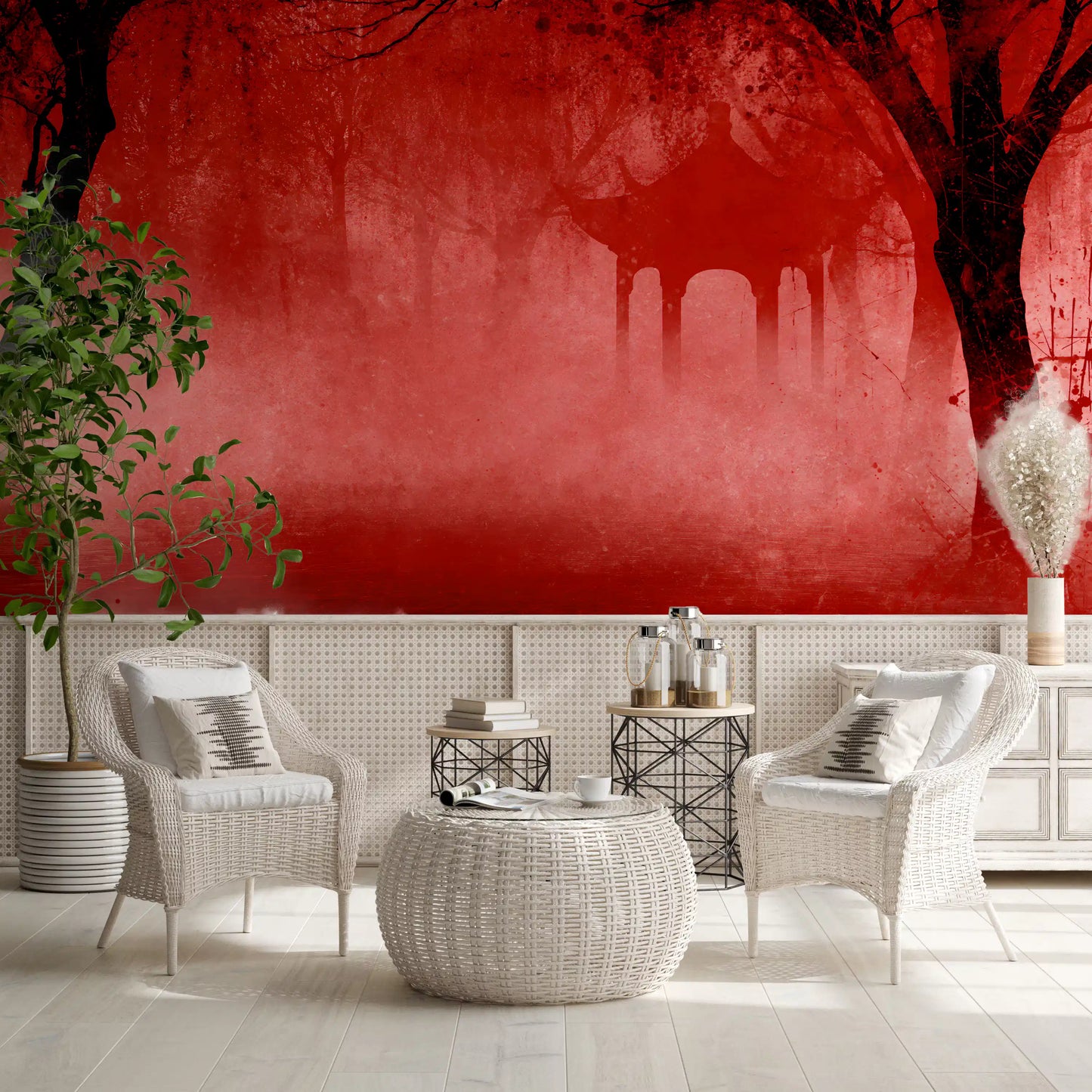 Crimson Pagoda Mist Wall Mural