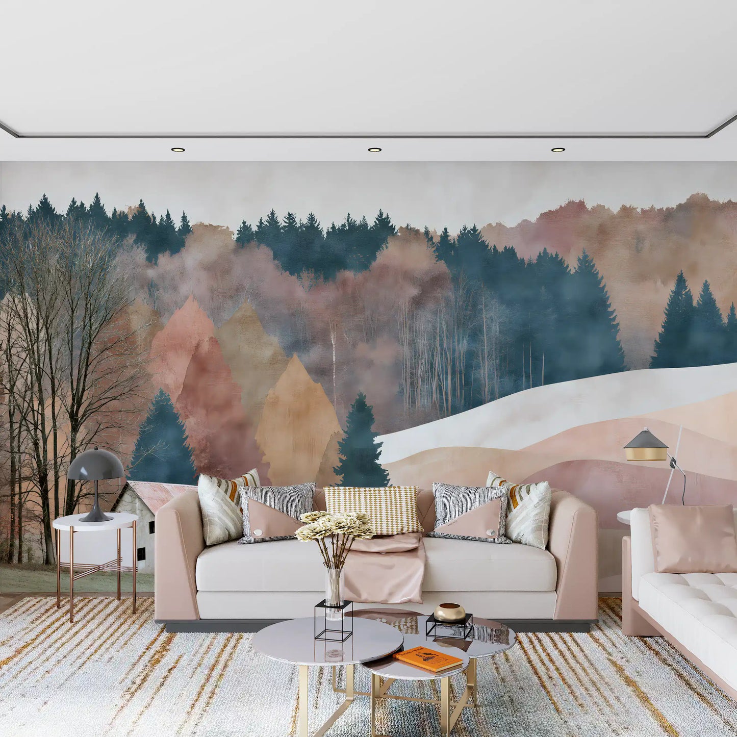 Rustic Autumn Valley Cabin Scene Wall Mural