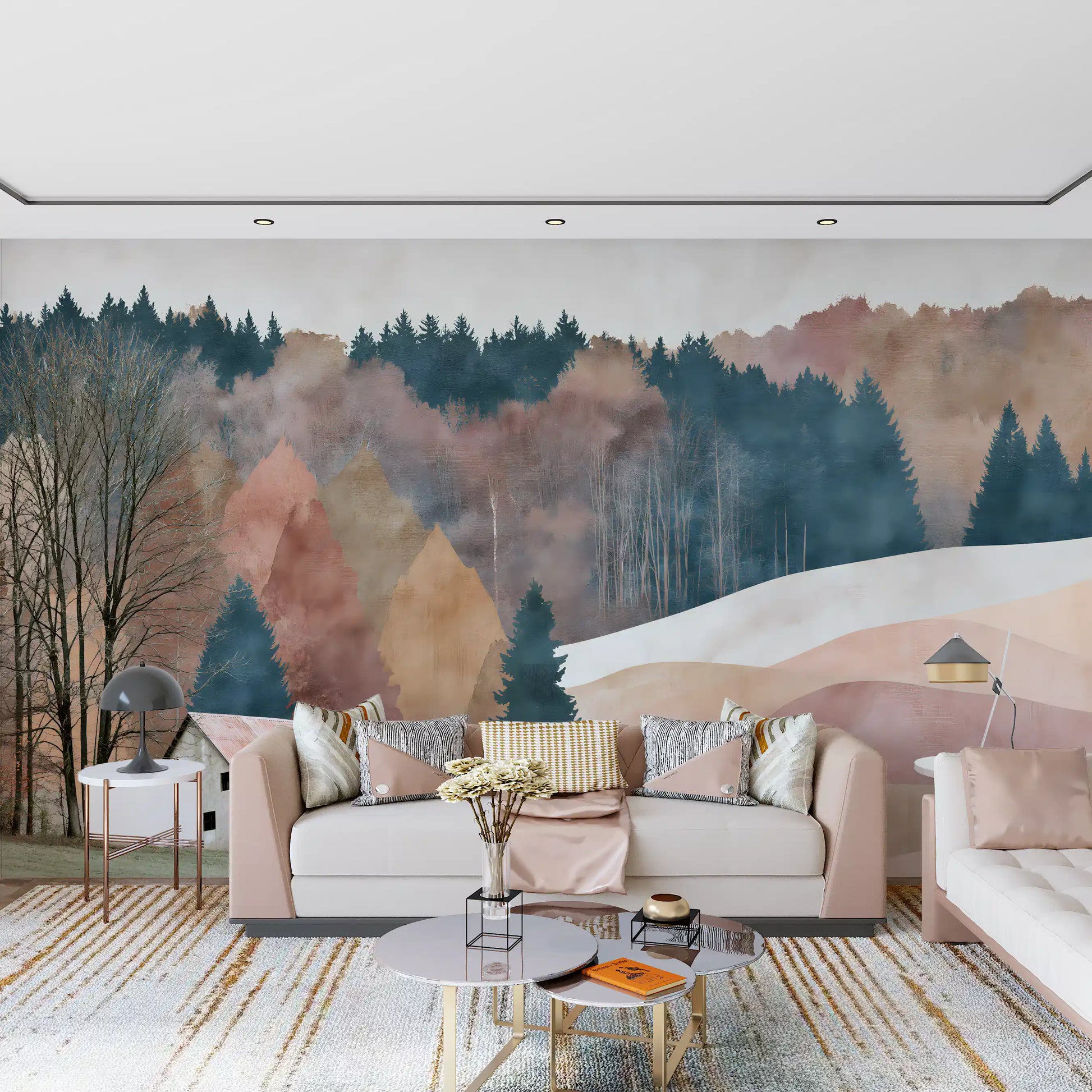 Rustic Autumn Valley Cabin Scene Wall Mural