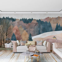 Rustic Autumn Valley Cabin Scene Wall Mural