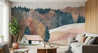 Rustic Autumn Valley Cabin Scene Wall Mural