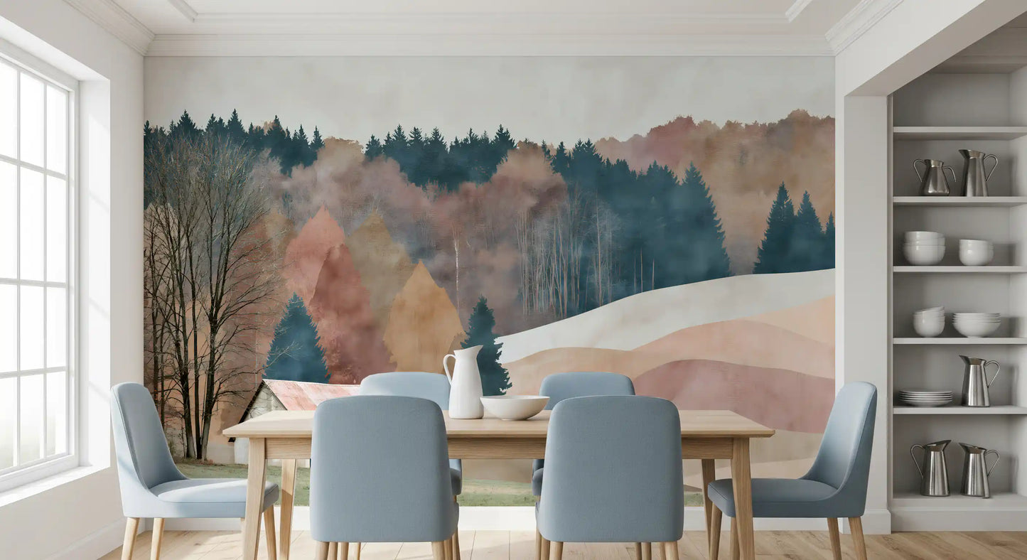 Rustic Autumn Valley Cabin Scene Wall Mural