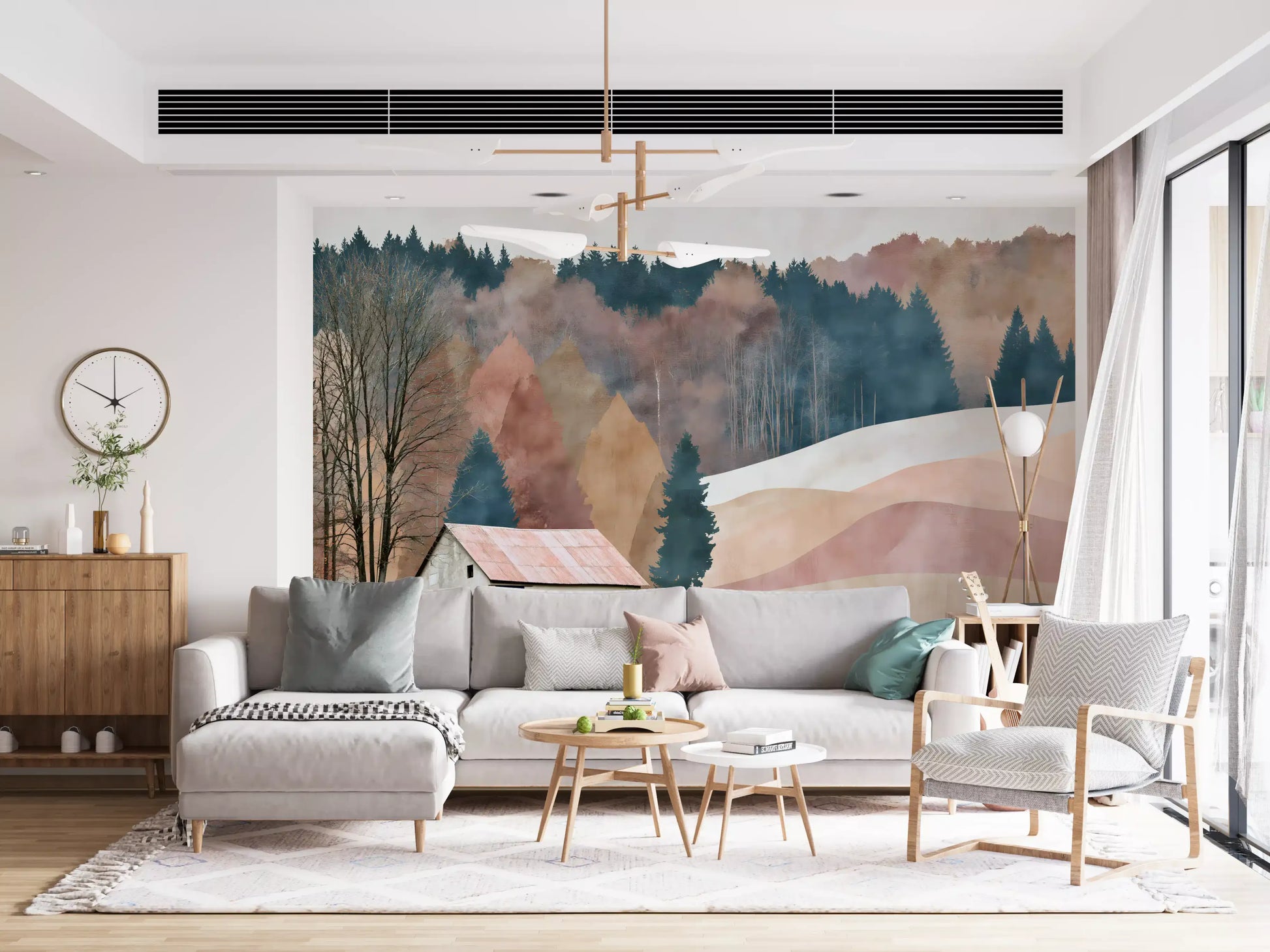 Rustic Autumn Valley Cabin Scene Wall Mural