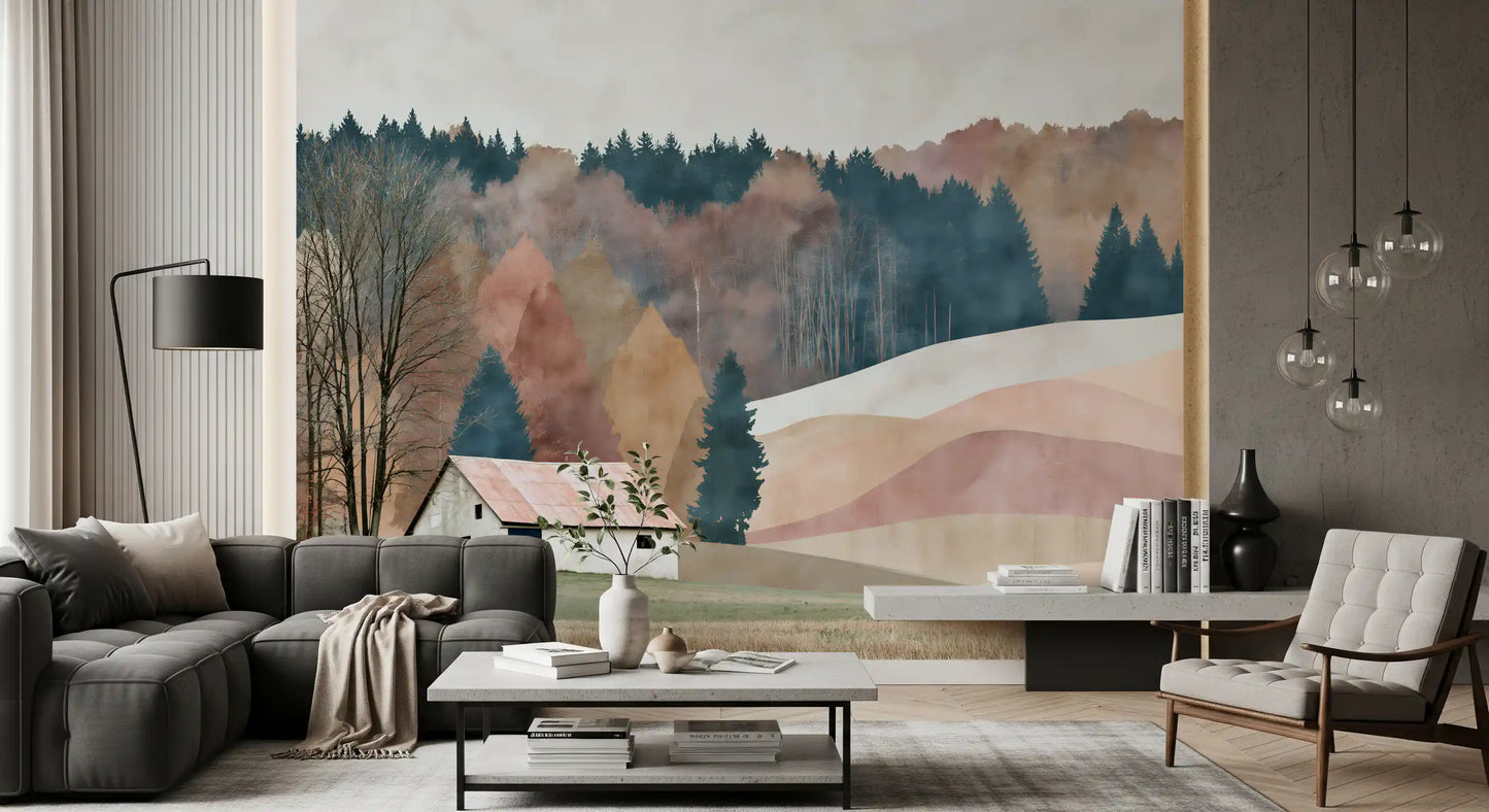 Rustic Autumn Valley Cabin Scene Wall Mural
