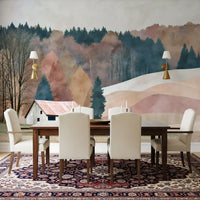 Rustic Autumn Valley Cabin Scene Wall Mural