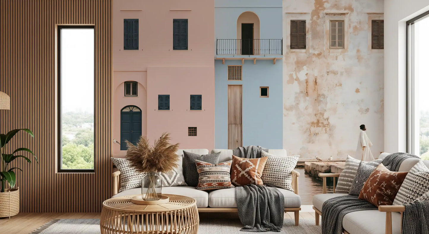 Mediterranean Harbor Pastel Facades Wall Mural