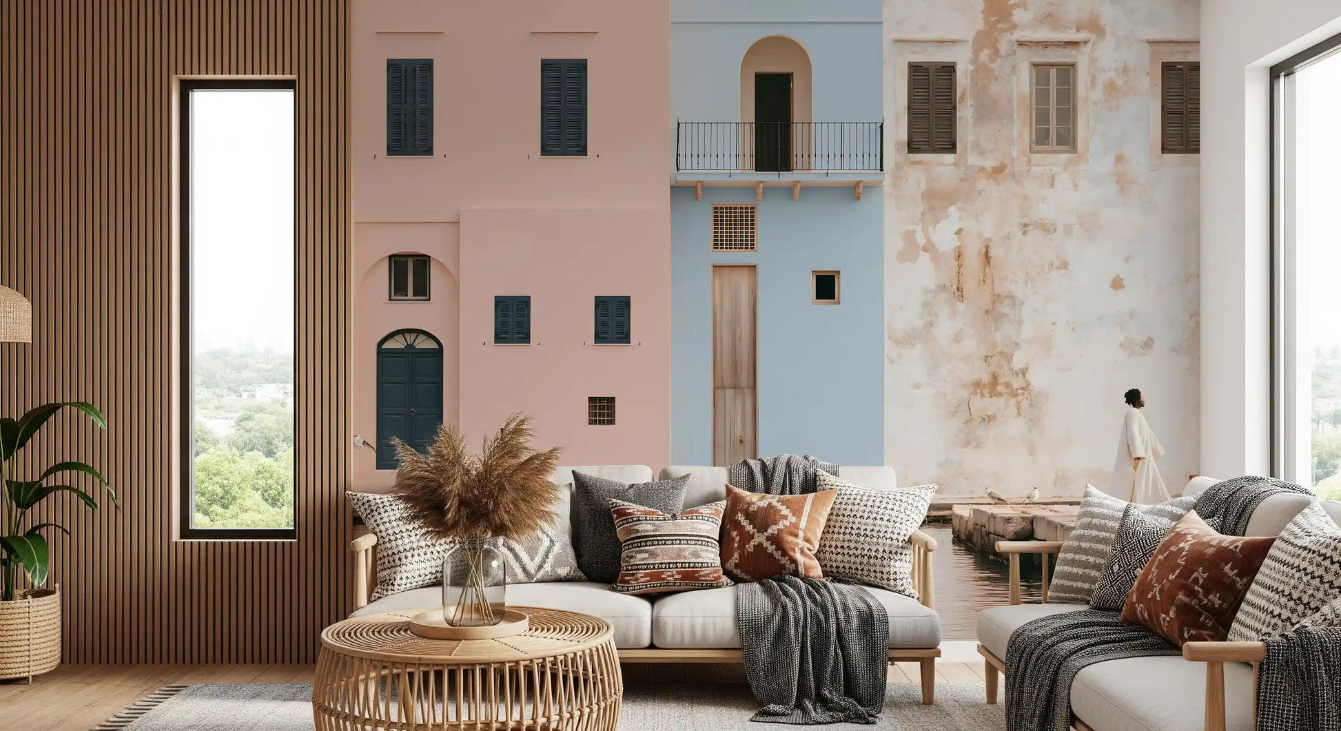 Mediterranean Harbor Pastel Facades Wall Mural