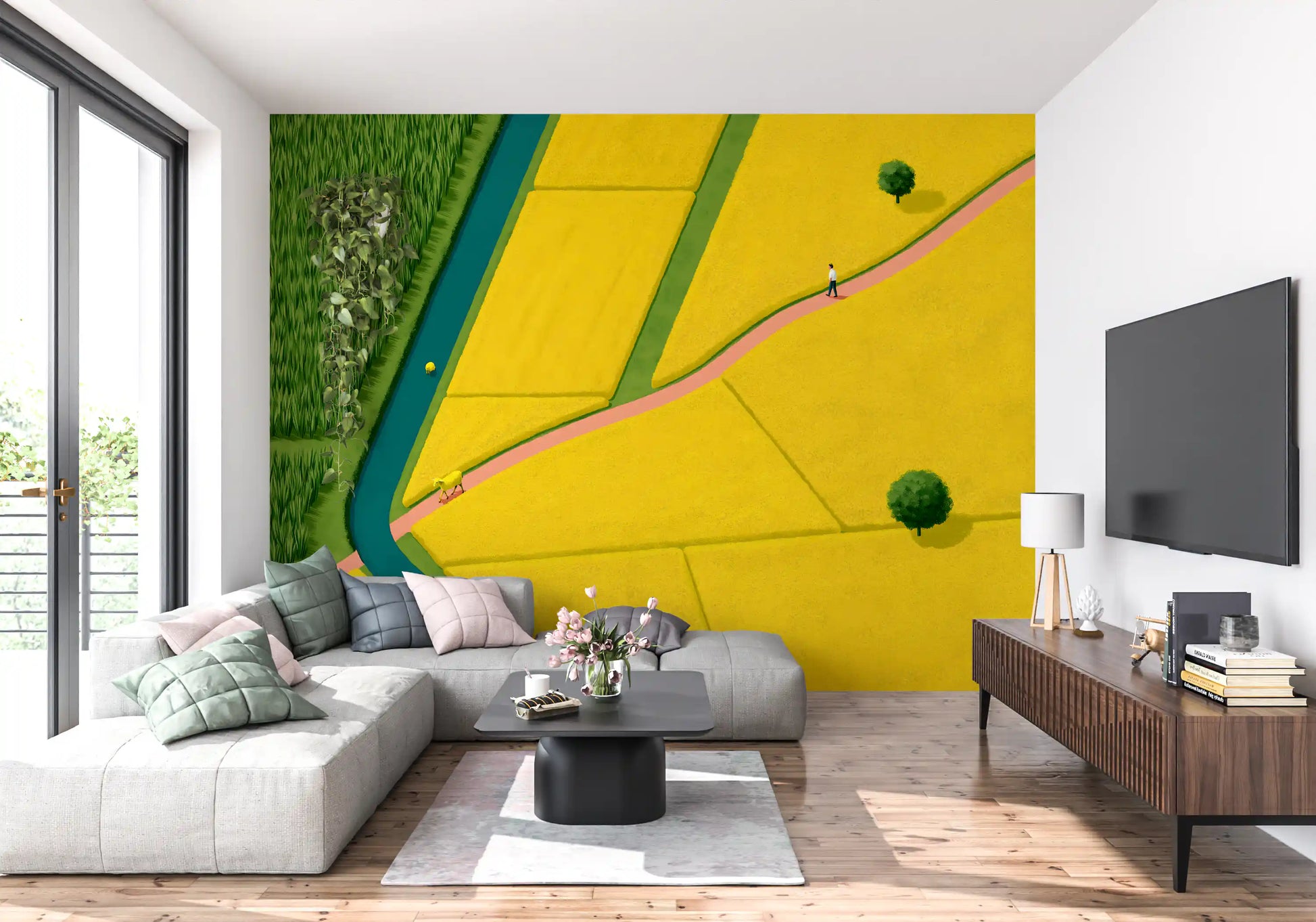 Golden Fields and Winding Stream Landscape Wall Mural