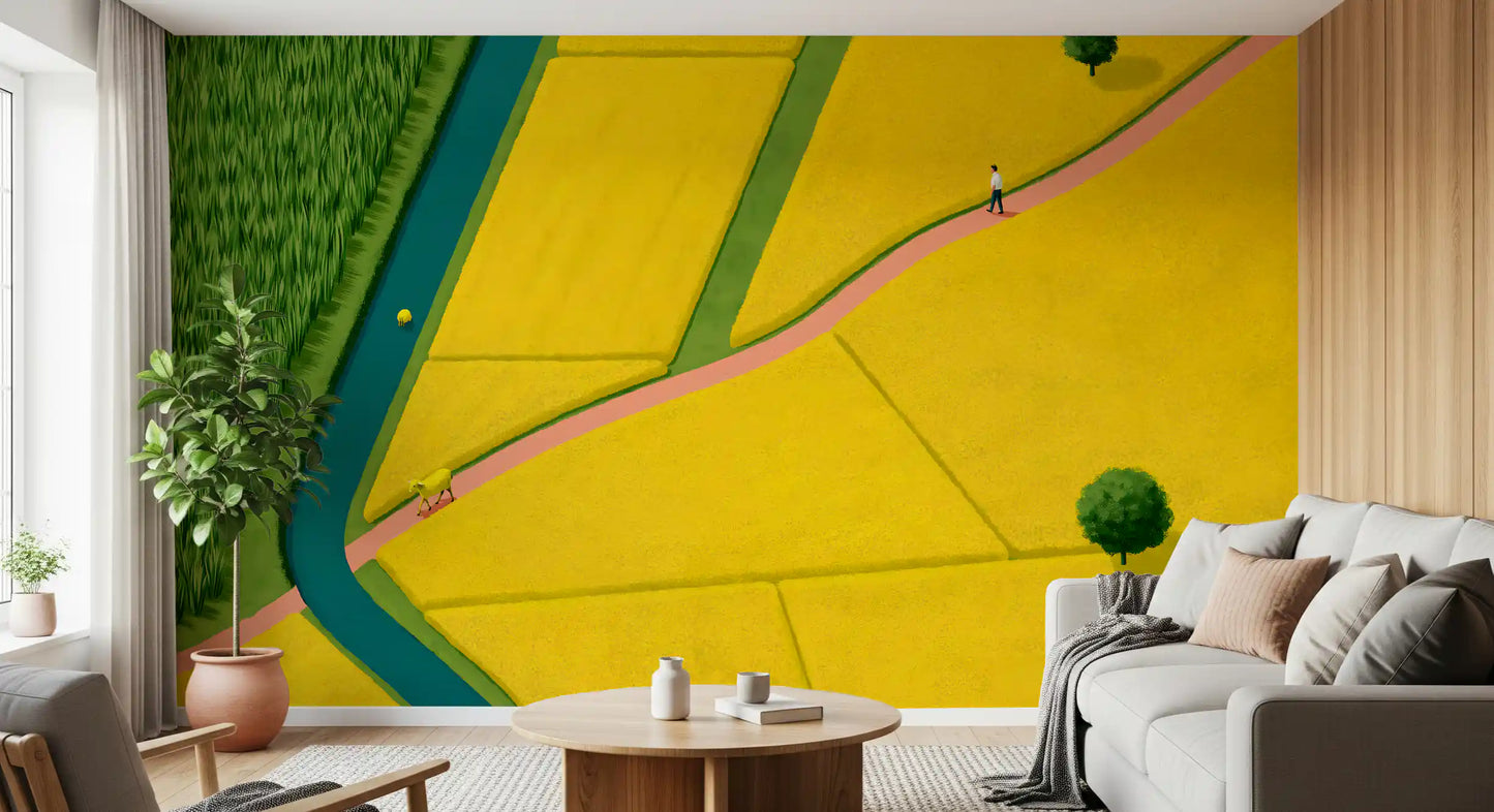 Golden Fields and Winding Stream Landscape Wall Mural