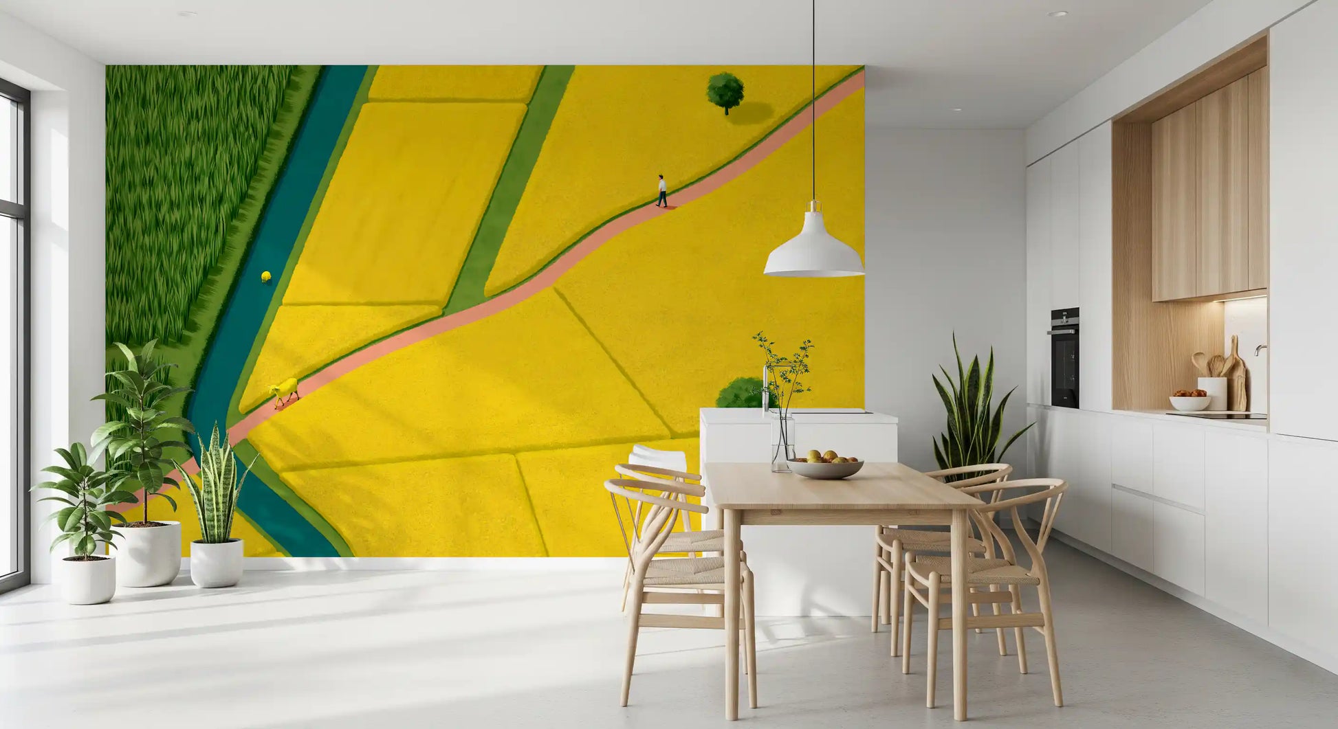 Golden Fields and Winding Stream Landscape Wall Mural