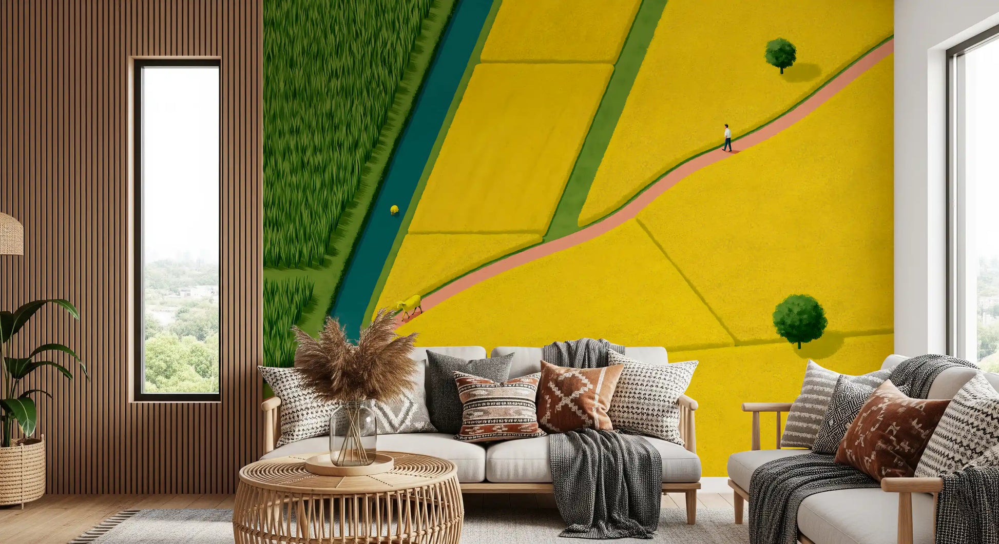 Golden Fields and Winding Stream Landscape Wall Mural
