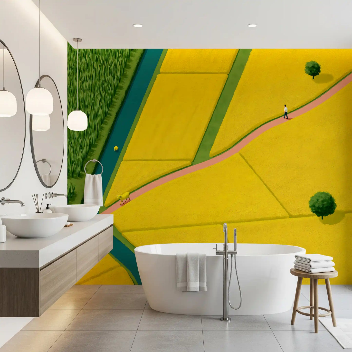 Golden Fields and Winding Stream Landscape Wall Mural
