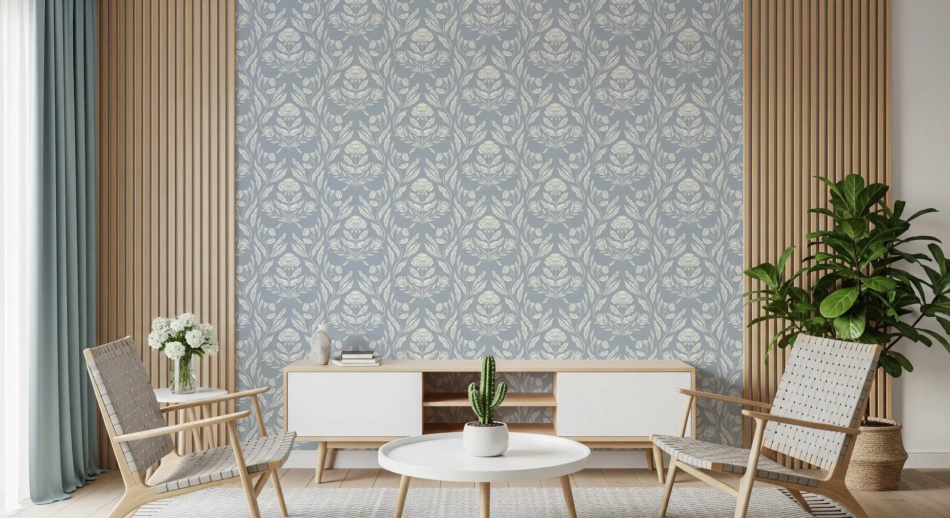Block Print Damask Floral Wallpaper⁠