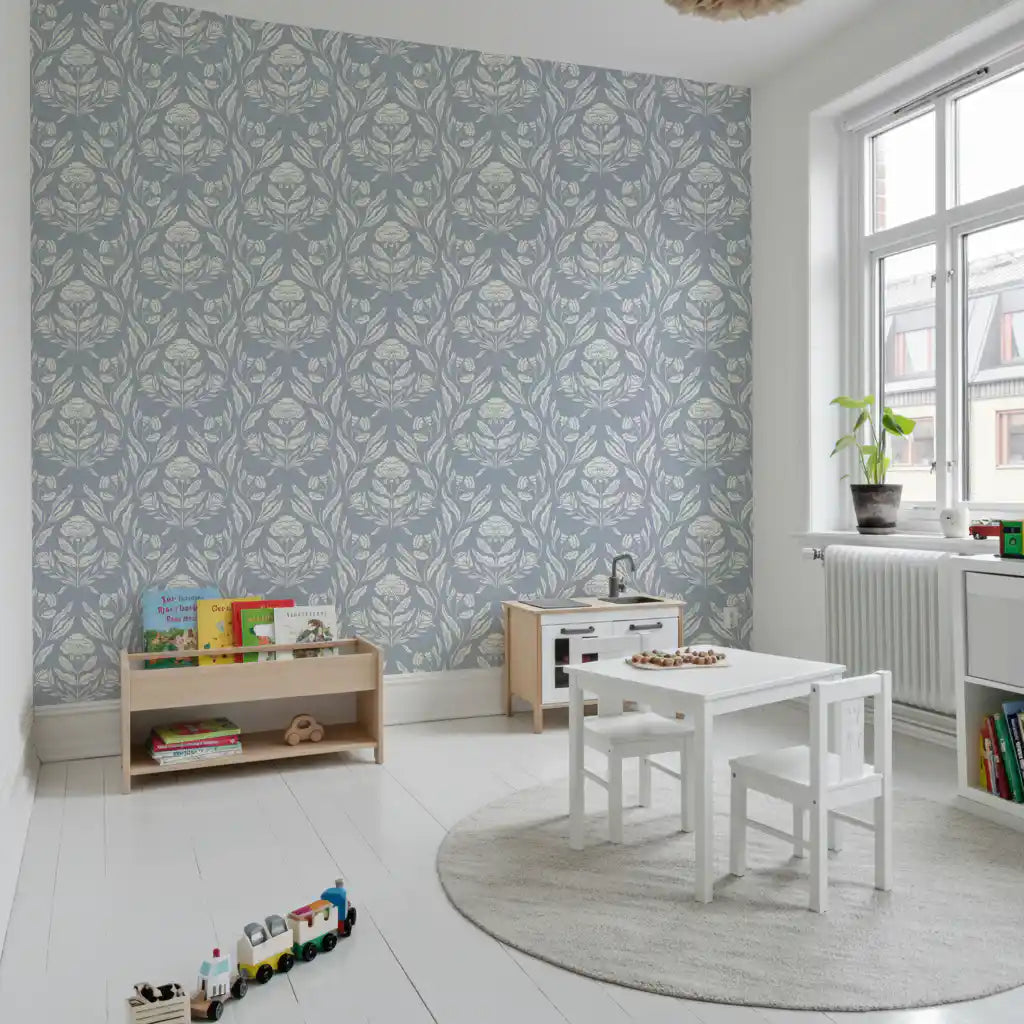 Block Print Damask Floral Wallpaper⁠