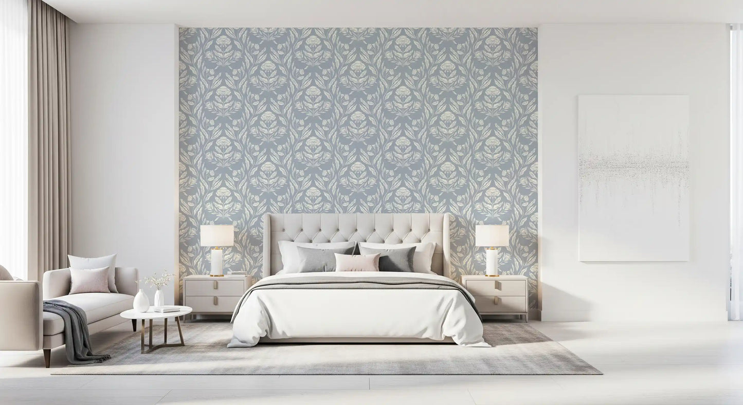 Block Print Damask Floral Wallpaper⁠