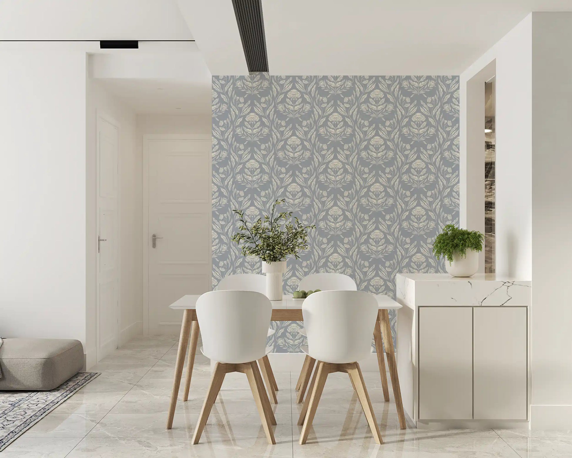 Block Print Damask Floral Wallpaper⁠