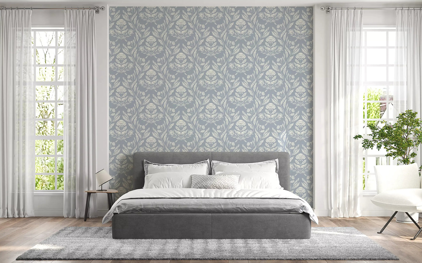 Block Print Damask Floral Wallpaper⁠