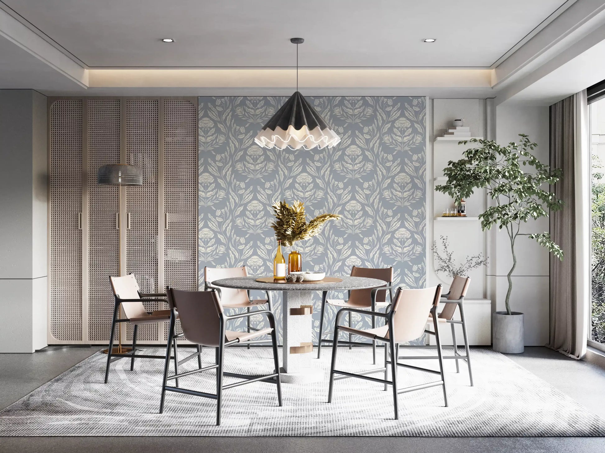 Block Print Damask Floral Wallpaper⁠