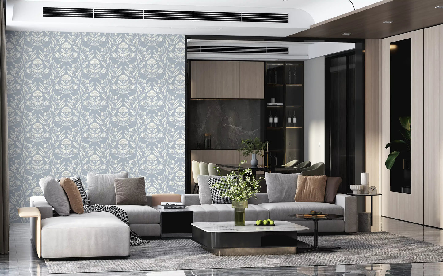 Block Print Damask Floral Wallpaper⁠