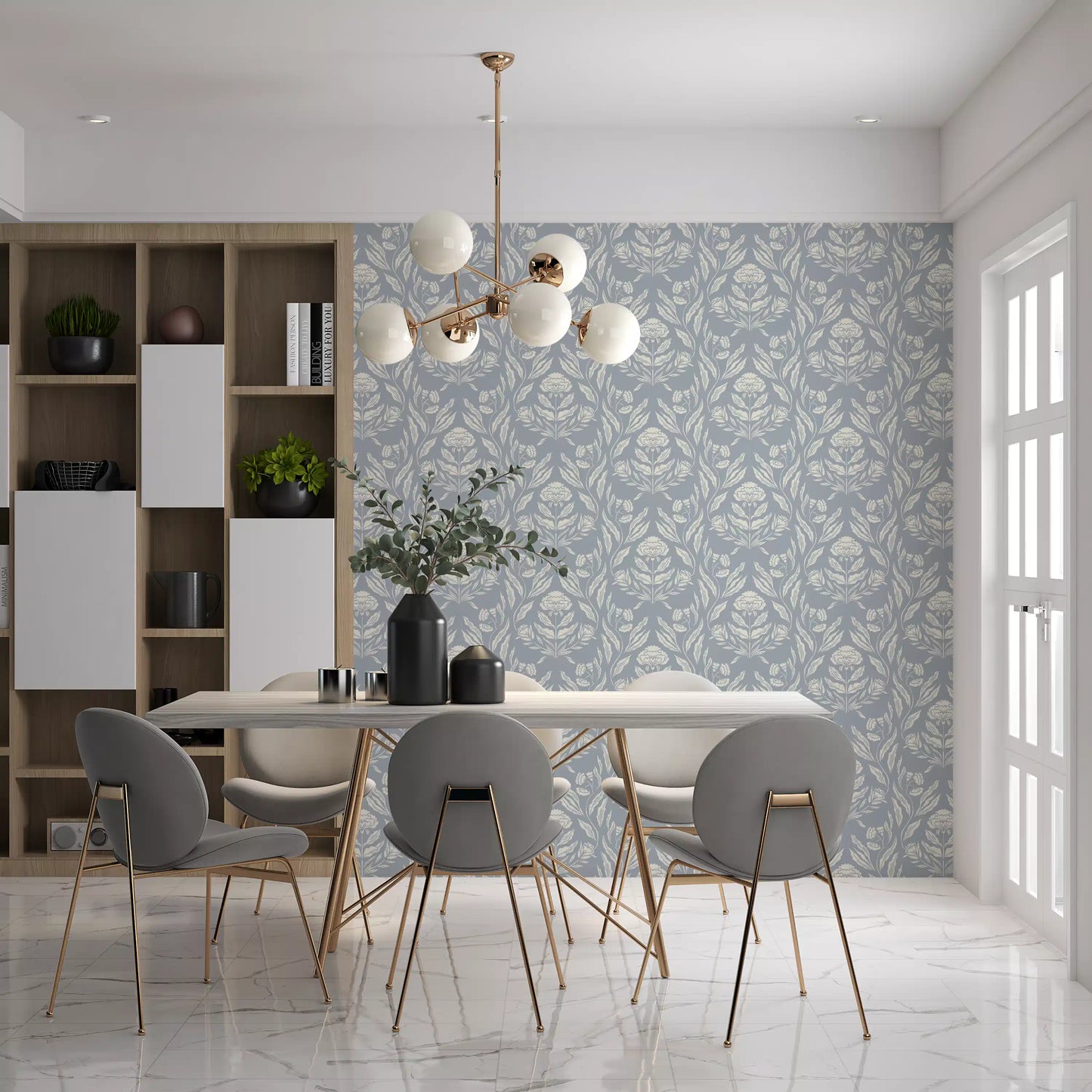 Block Print Damask Floral Wallpaper⁠