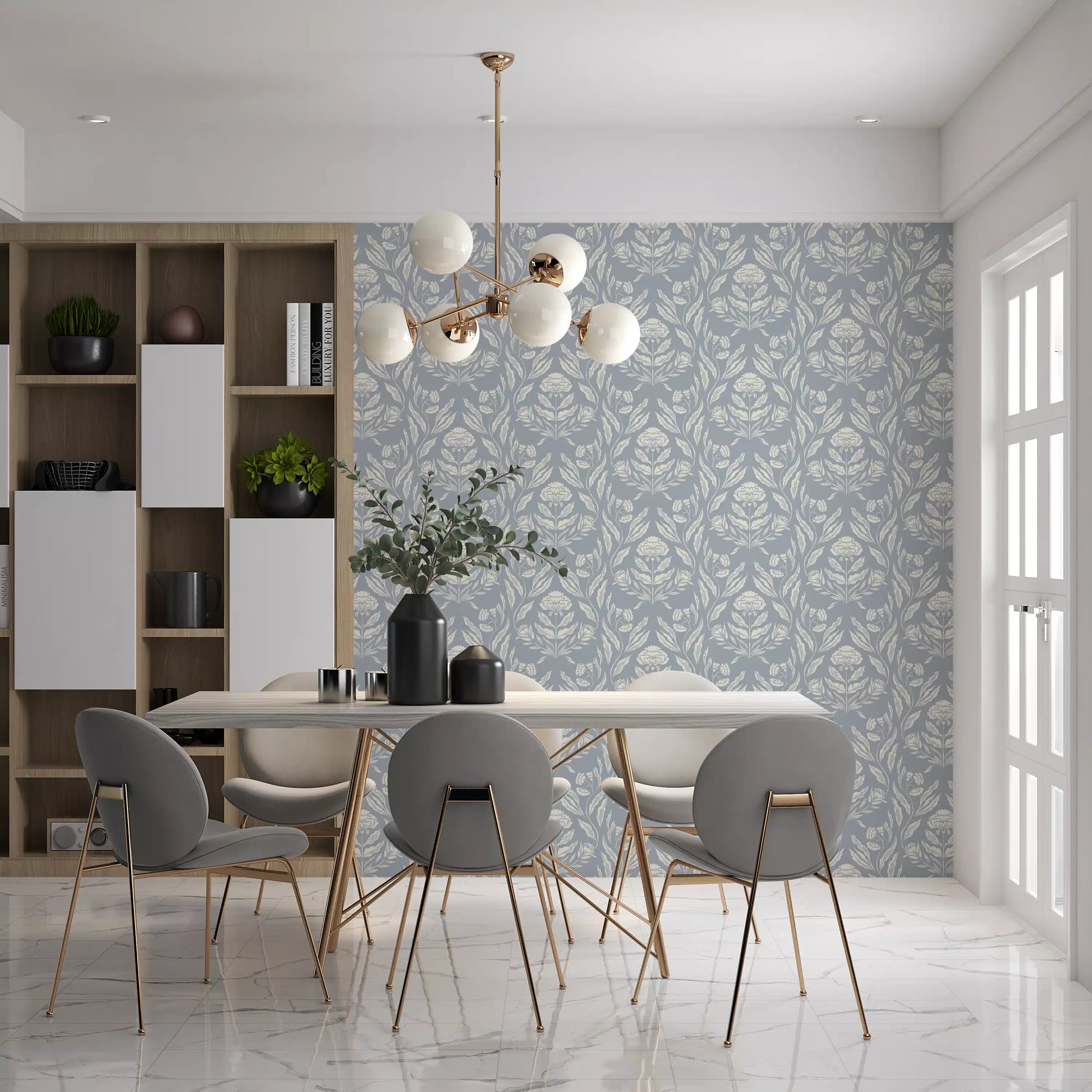 Block Print Damask Floral Wallpaper⁠