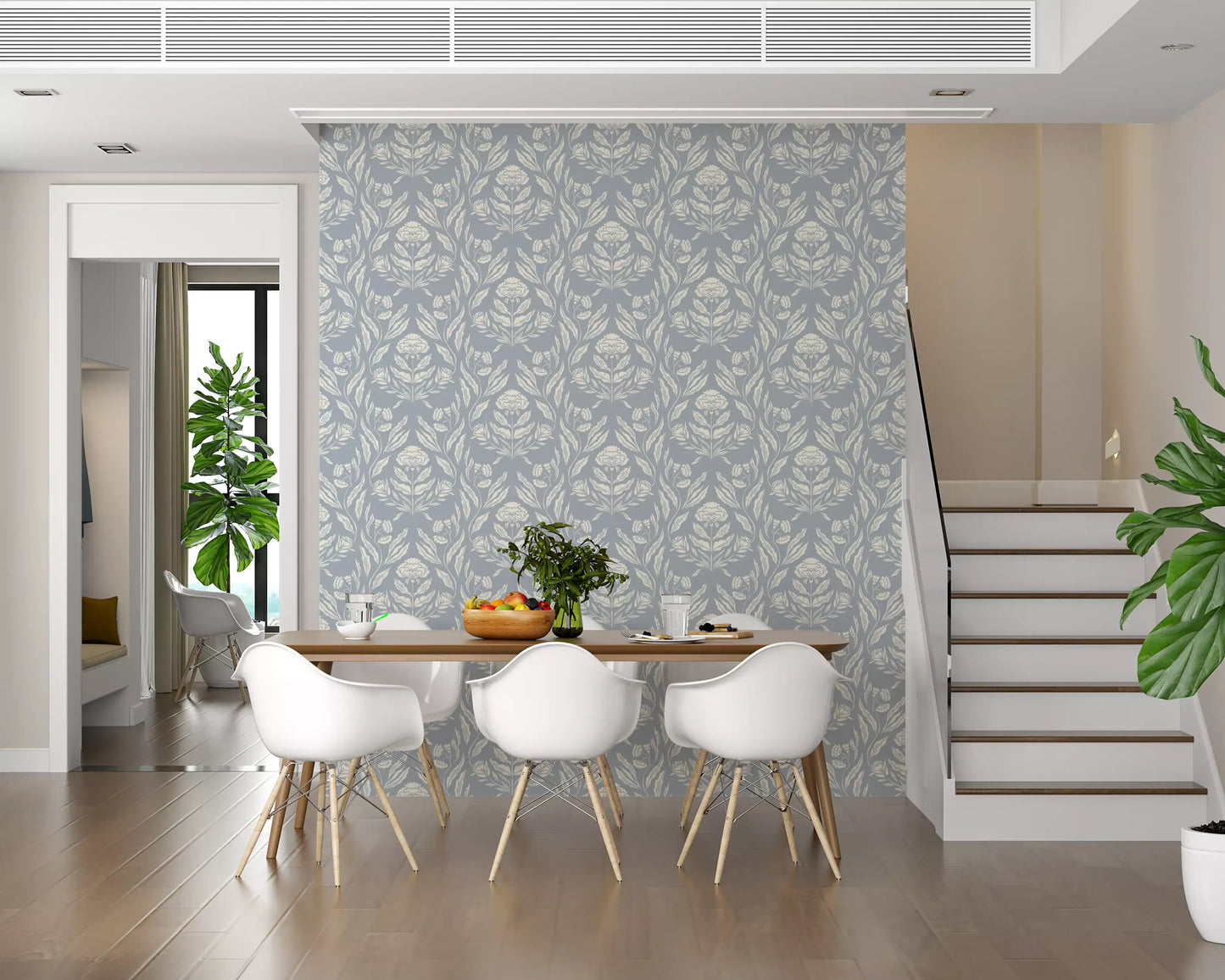 Block Print Damask Floral Wallpaper⁠