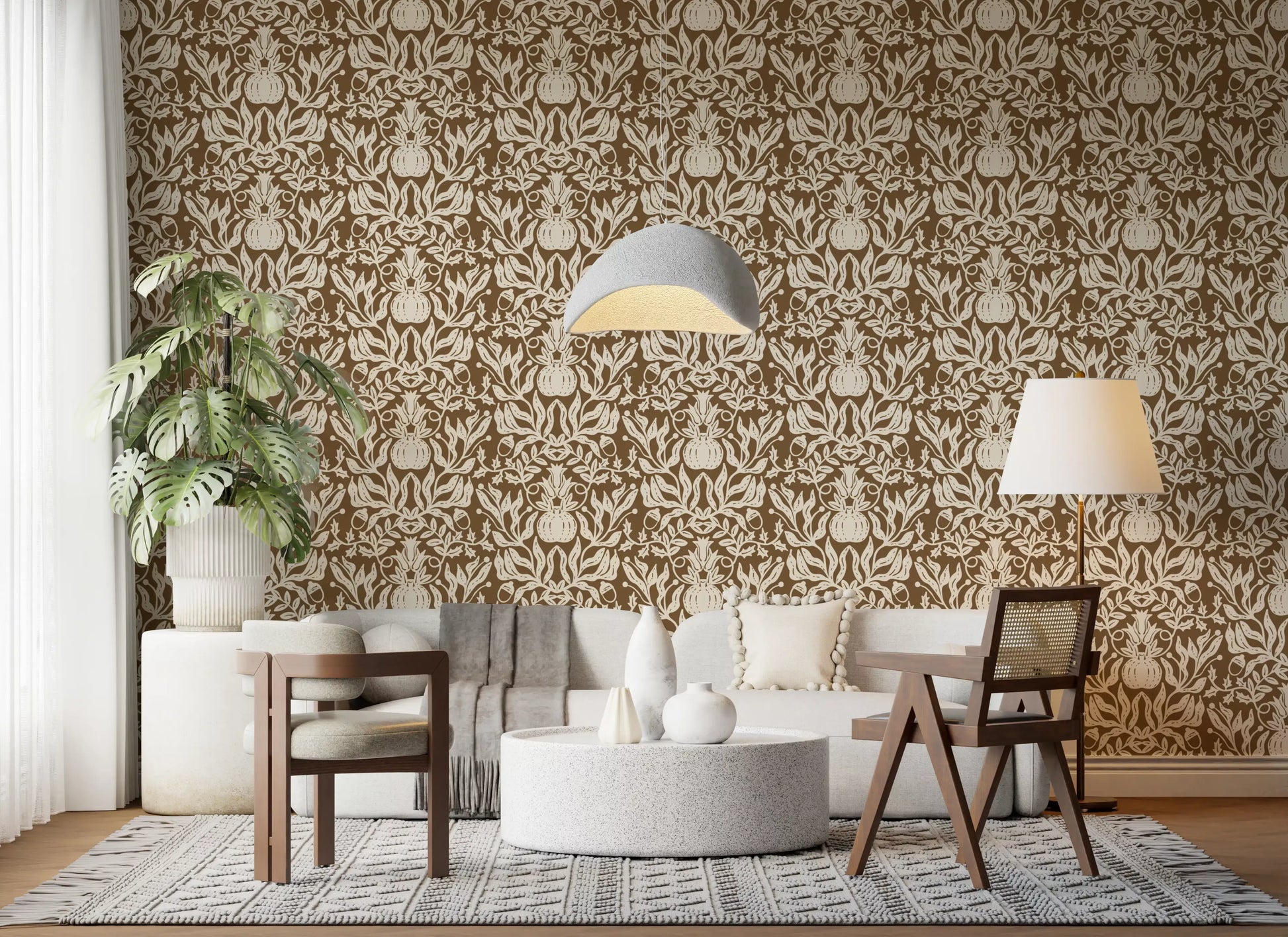 Rustic Autumn Harvest Linocut Wallpaper⁠