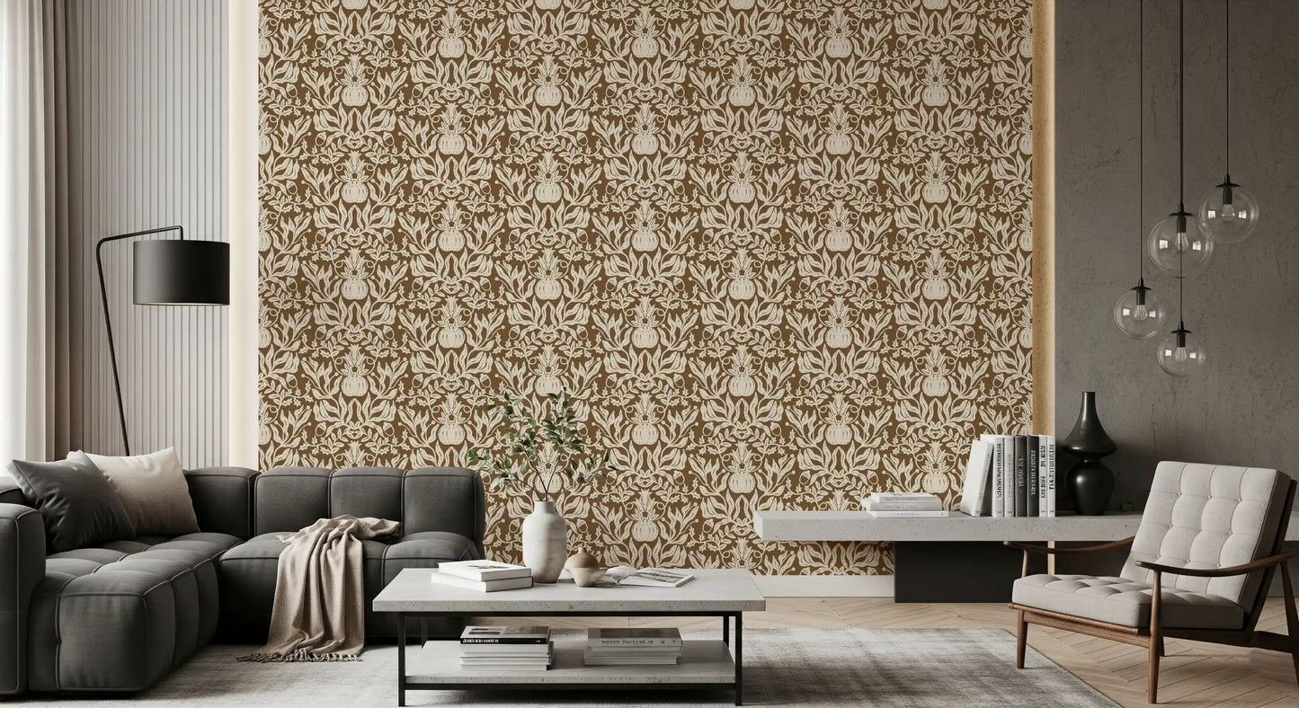 Rustic Autumn Harvest Linocut Wallpaper⁠