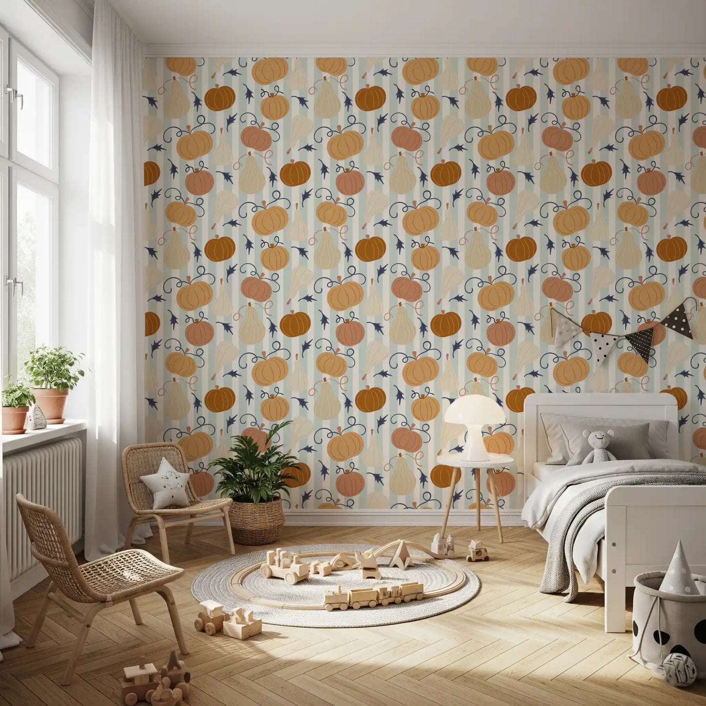 Autumn Harvest Striped Pumpkin Motif Wallpaper⁠
