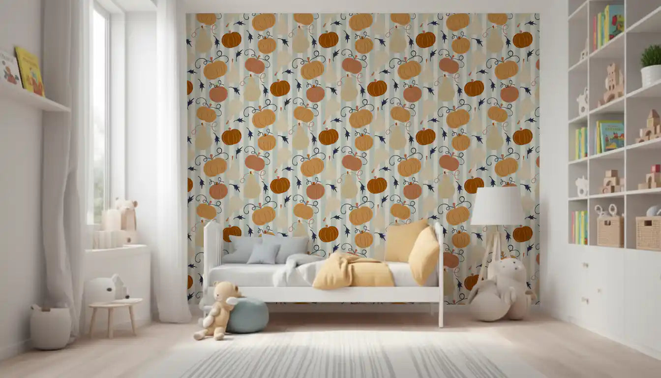Autumn Harvest Striped Pumpkin Motif Wallpaper⁠