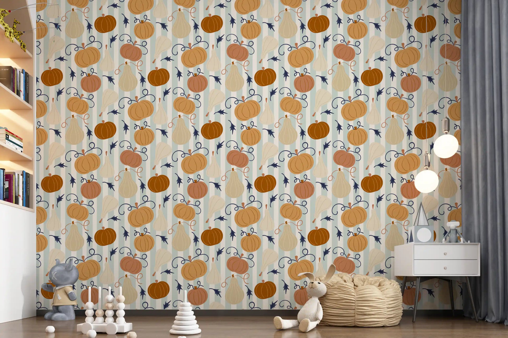 Autumn Harvest Striped Pumpkin Motif Wallpaper⁠