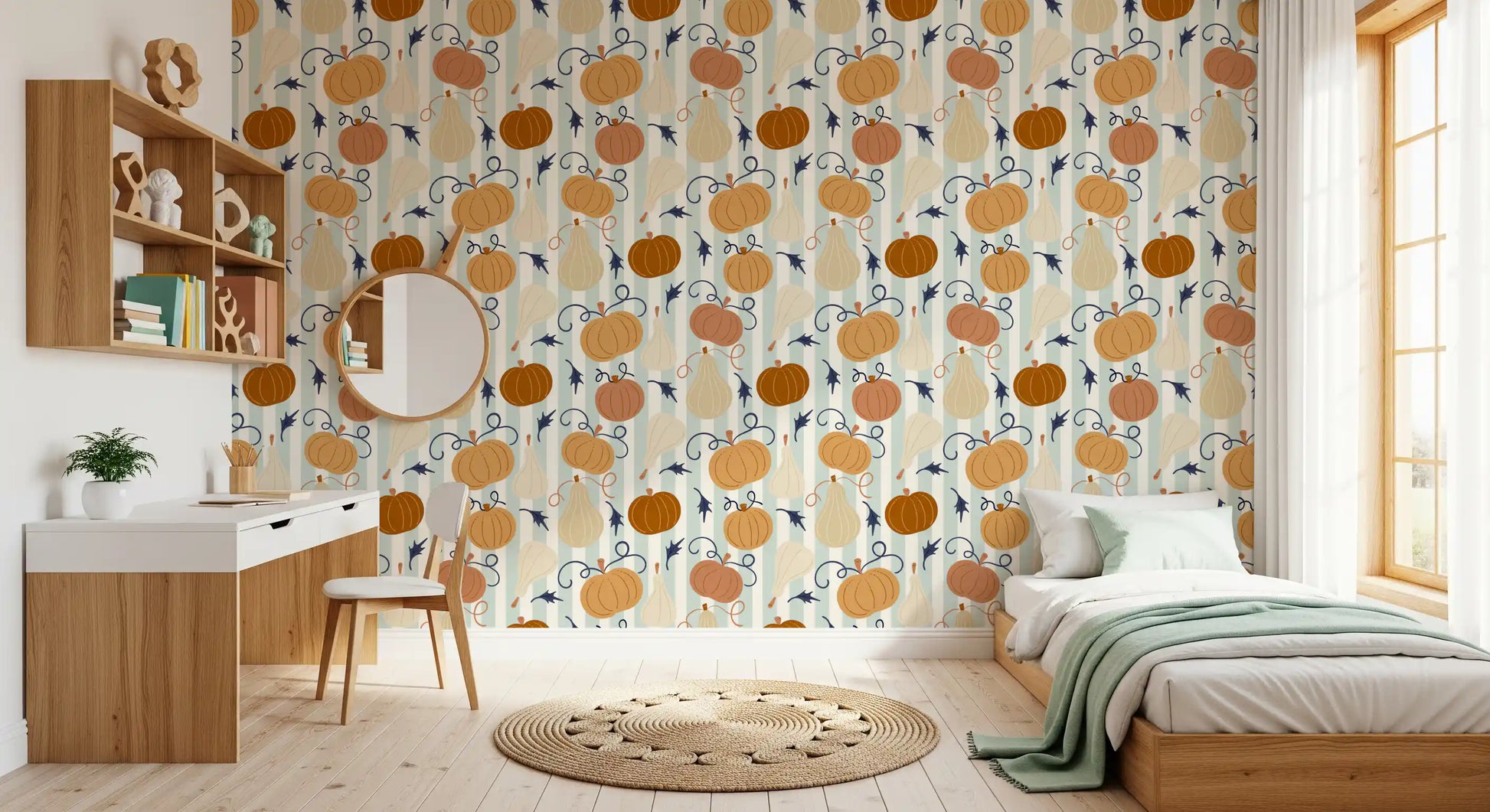 Autumn Harvest Striped Pumpkin Motif Wallpaper⁠