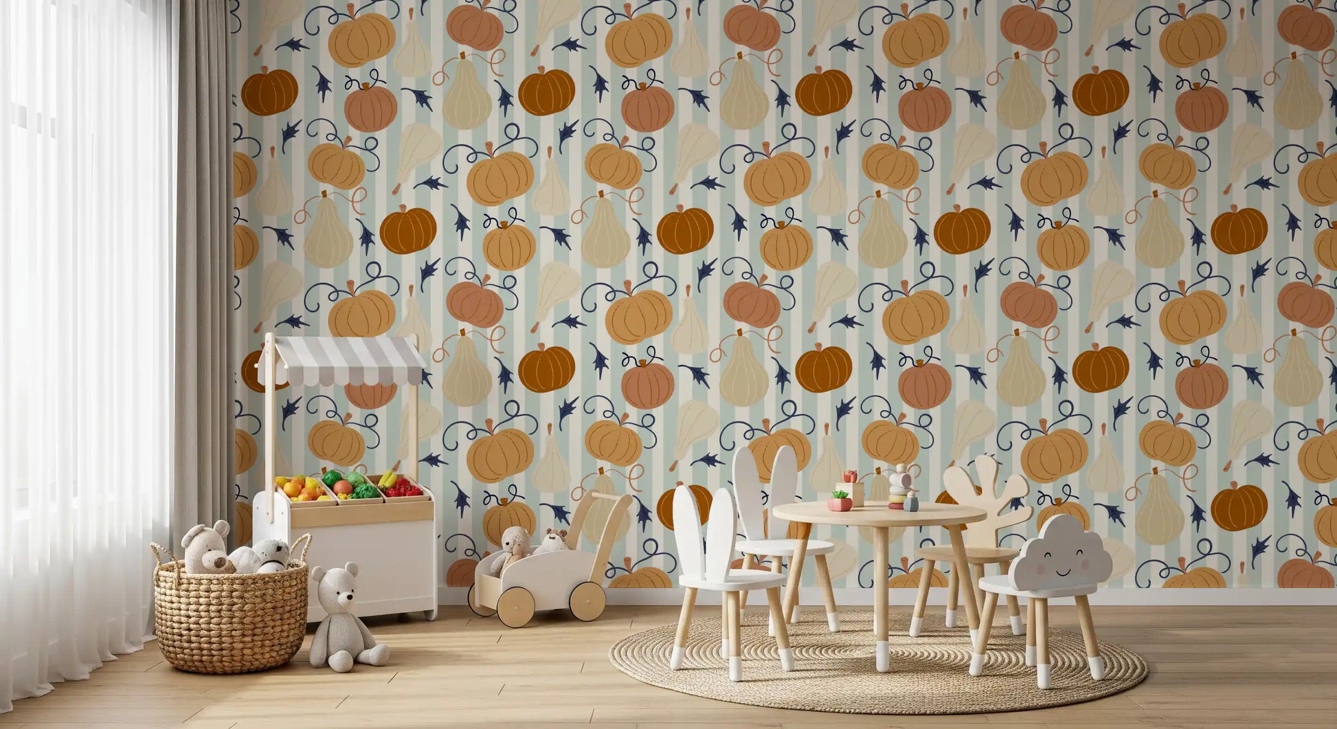 Autumn Harvest Striped Pumpkin Motif Wallpaper⁠