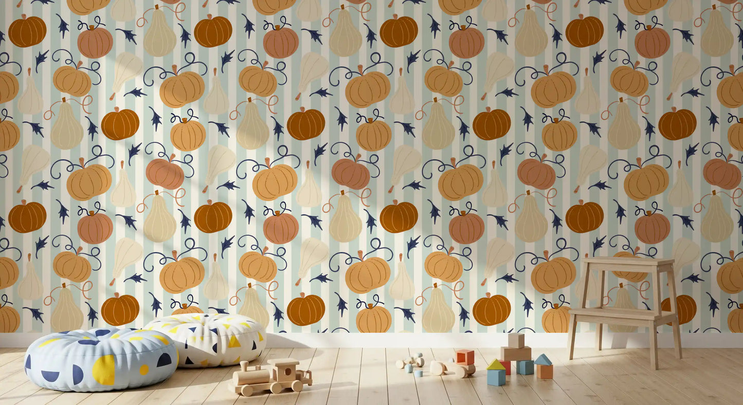 Autumn Harvest Striped Pumpkin Motif Wallpaper⁠