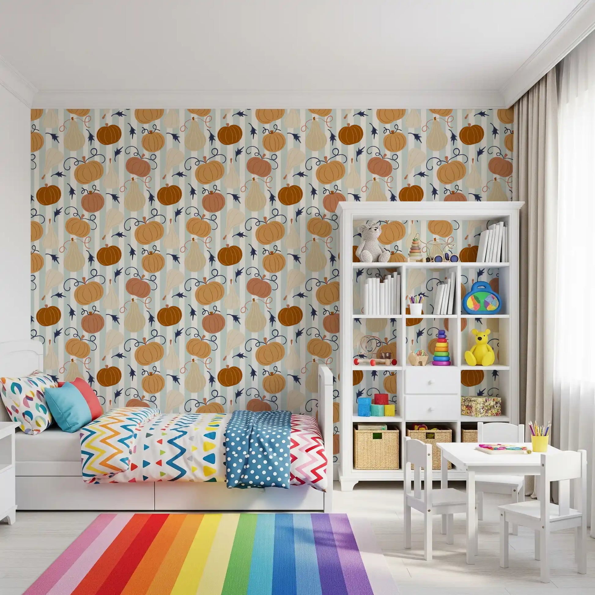 Autumn Harvest Striped Pumpkin Motif Wallpaper⁠