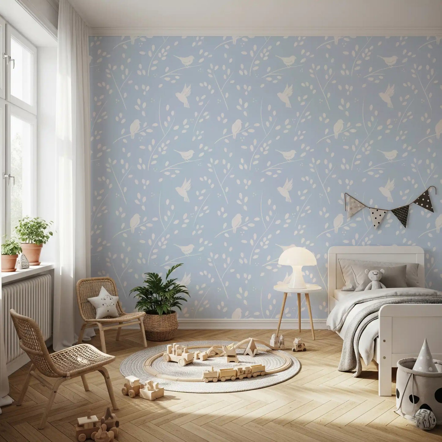 Soft Pastel Blue Woodland Birds Wallpaper⁠