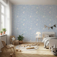 Soft Pastel Blue Woodland Birds Wallpaper⁠