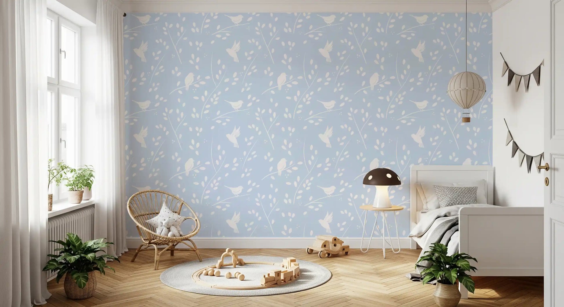 Soft Pastel Blue Woodland Birds Wallpaper⁠