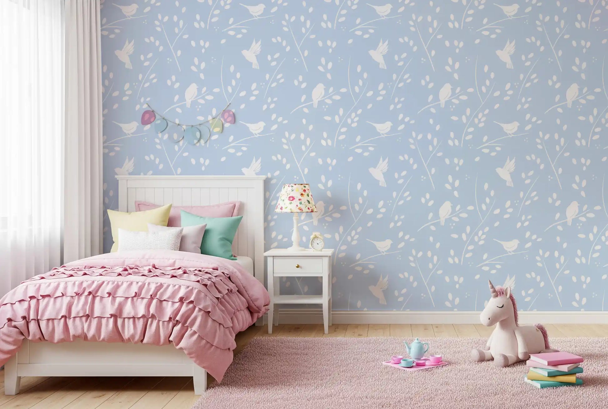 Soft Pastel Blue Woodland Birds Wallpaper⁠