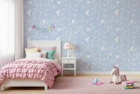 Soft Pastel Blue Woodland Birds Wallpaper⁠