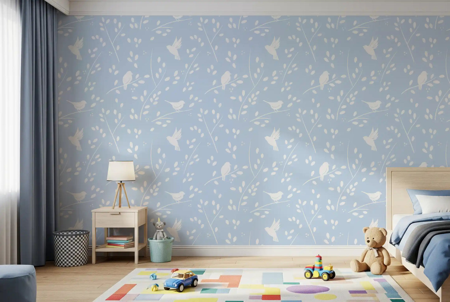 Soft Pastel Blue Woodland Birds Wallpaper⁠