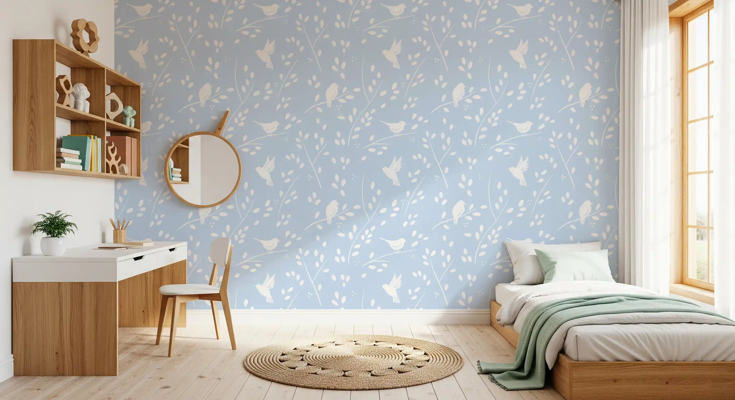 Soft Pastel Blue Woodland Birds Wallpaper⁠