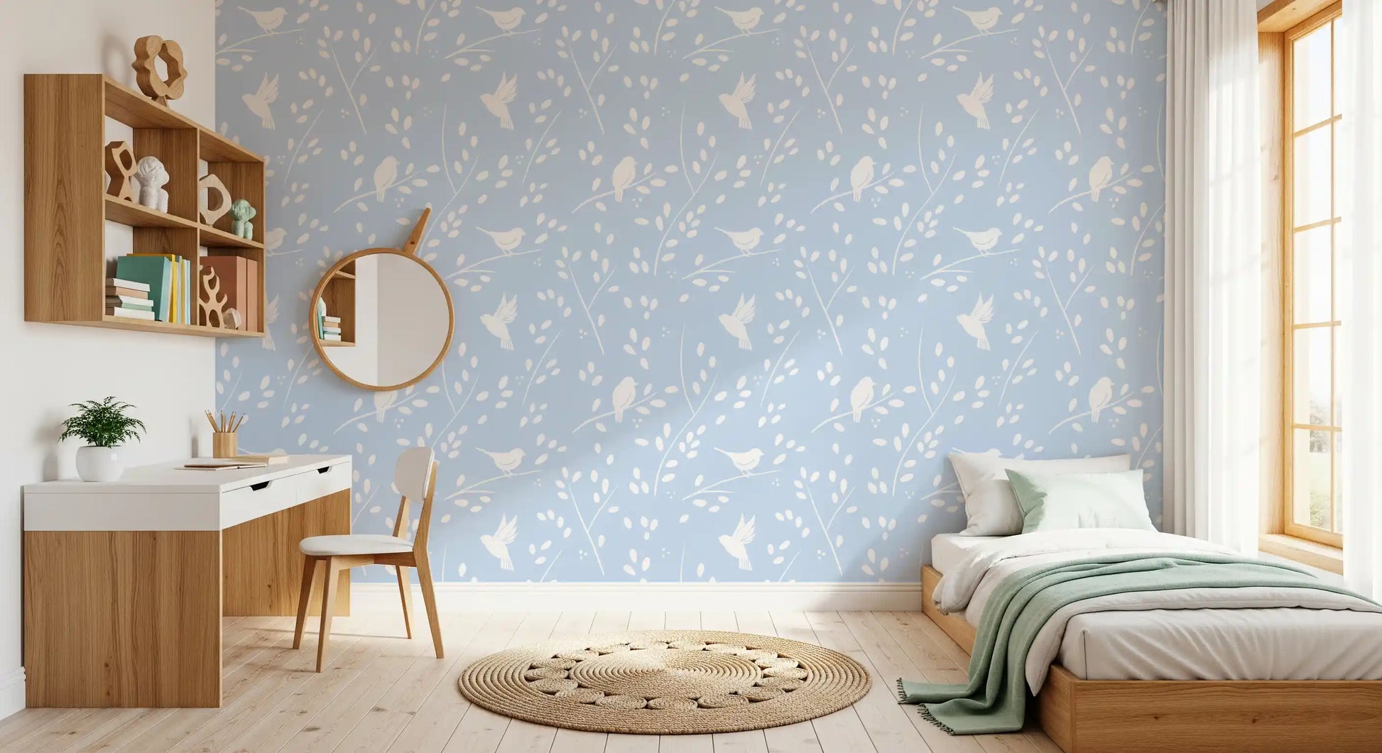 Soft Pastel Blue Woodland Birds Wallpaper⁠