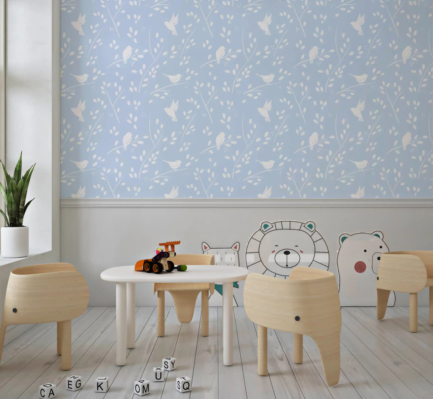 Soft Pastel Blue Woodland Birds Wallpaper⁠