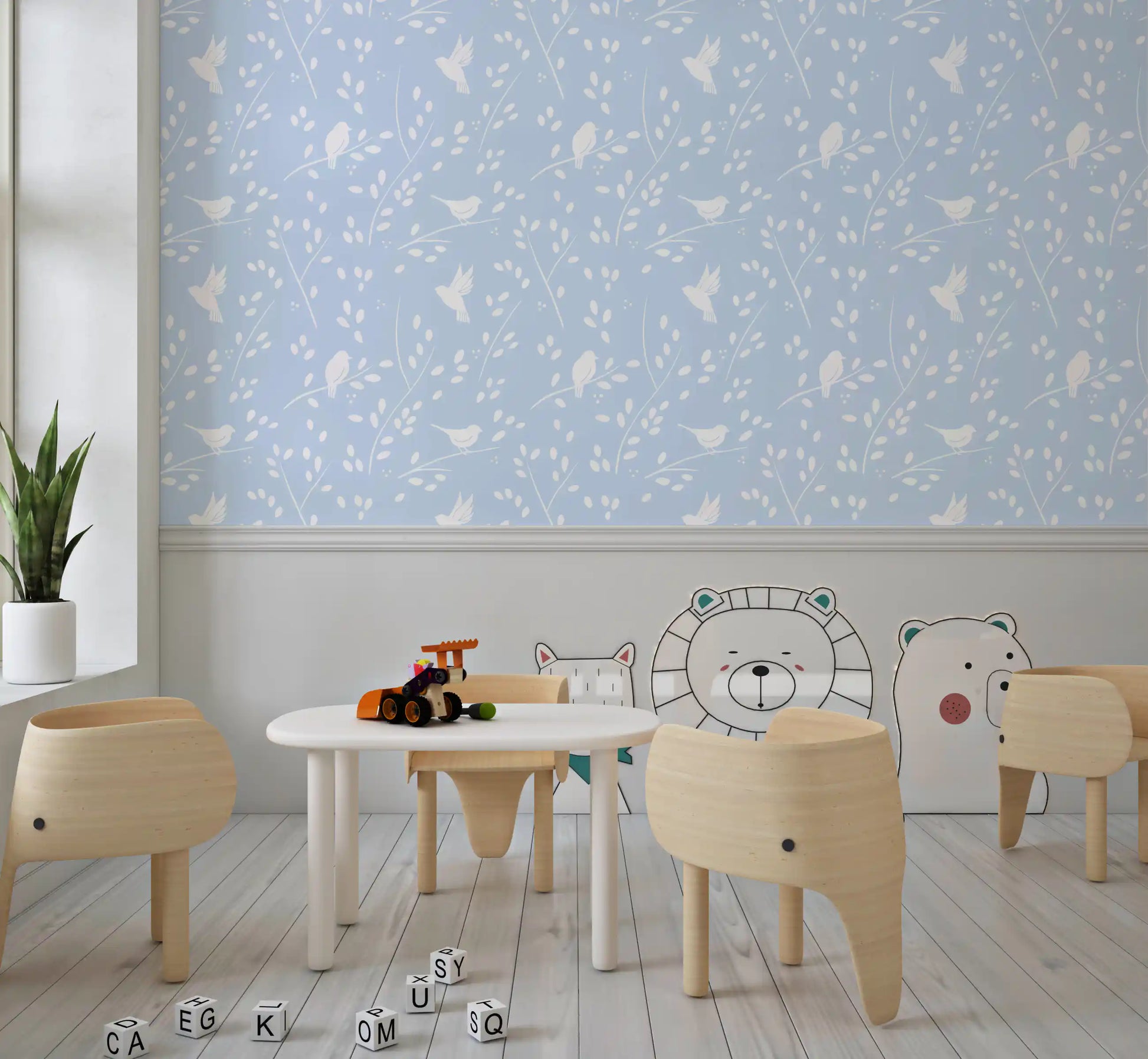 Soft Pastel Blue Woodland Birds Wallpaper⁠