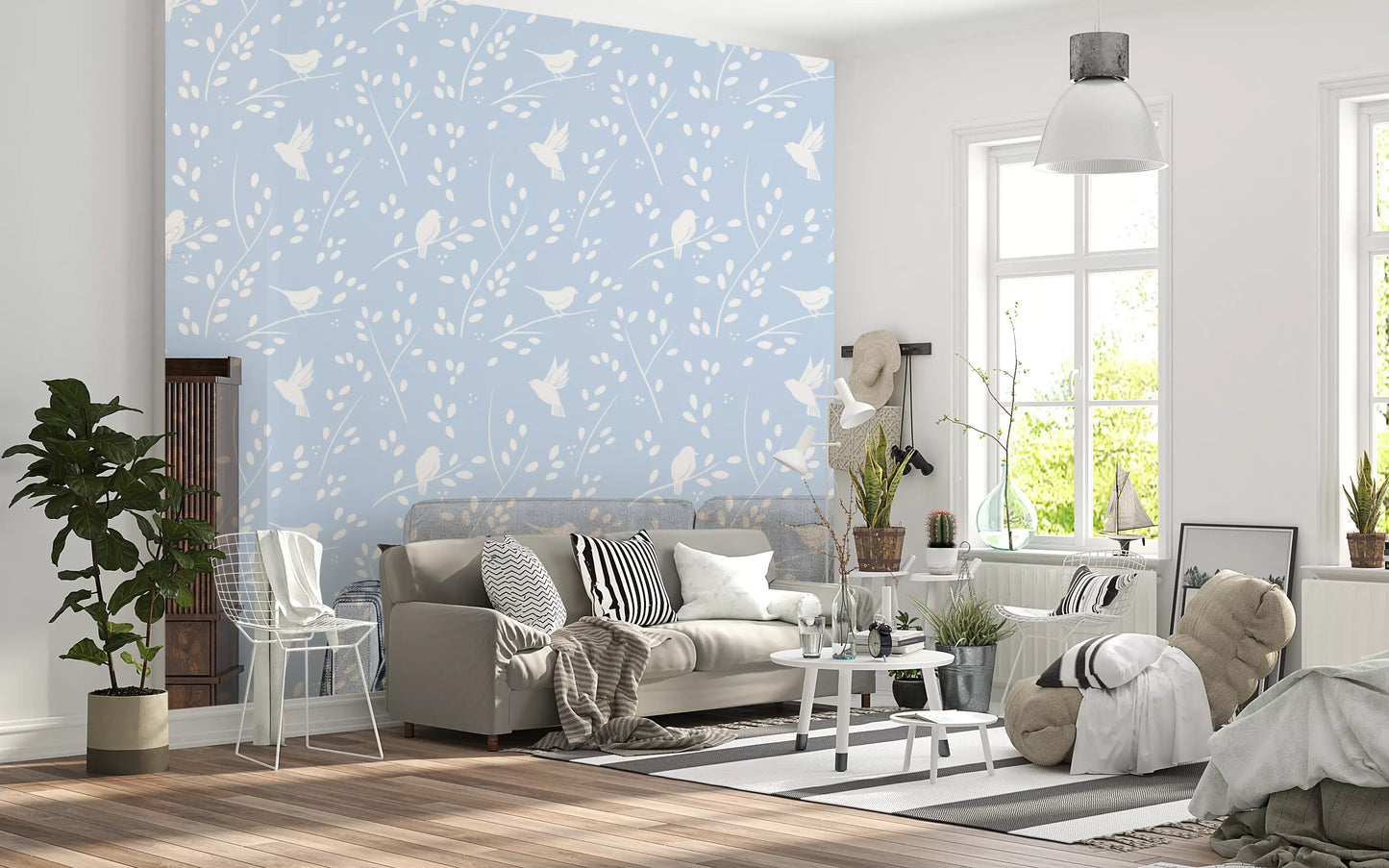 Soft Pastel Blue Woodland Birds Wallpaper⁠