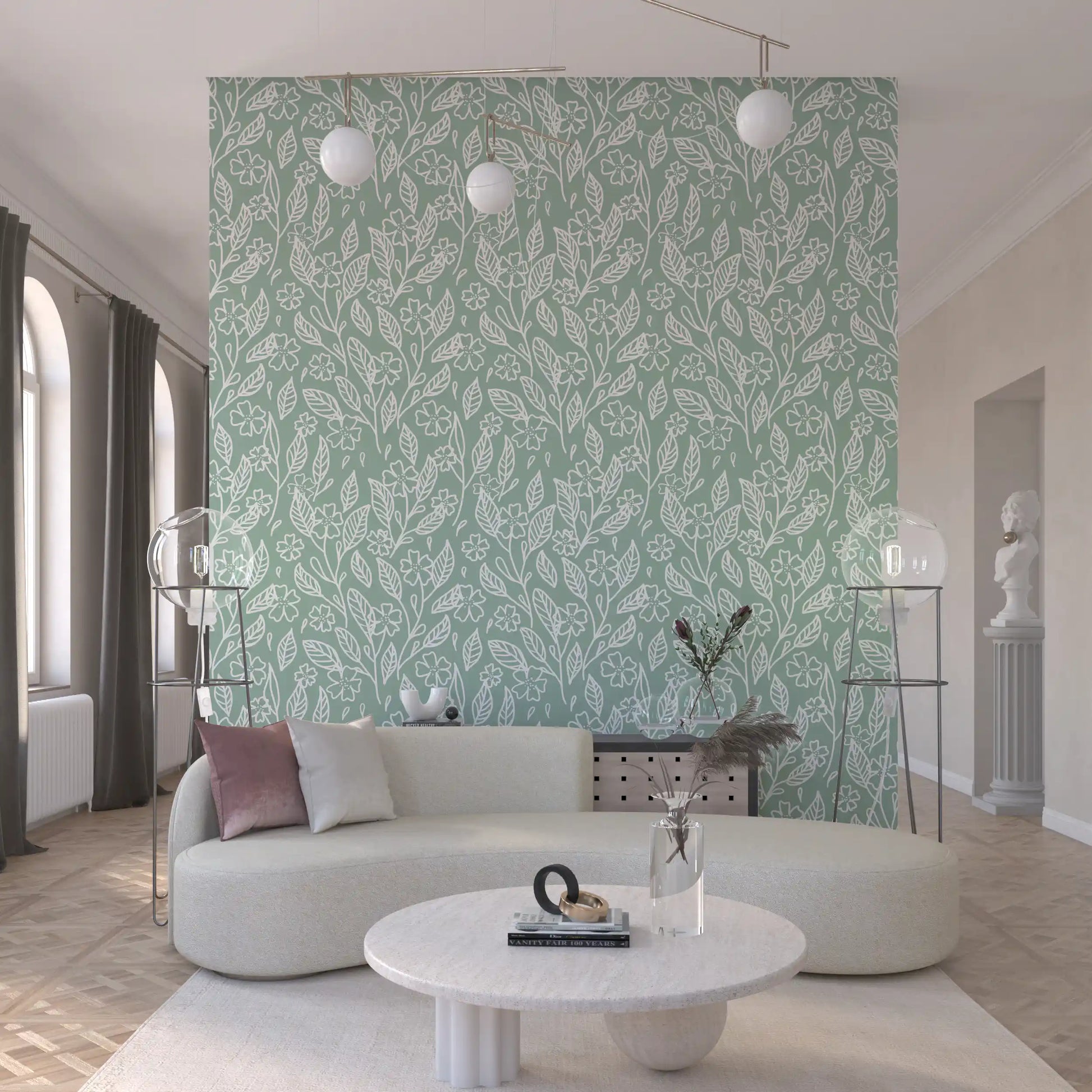 Sage Green Hand-Drawn Floral Line Art Wallpaper⁠