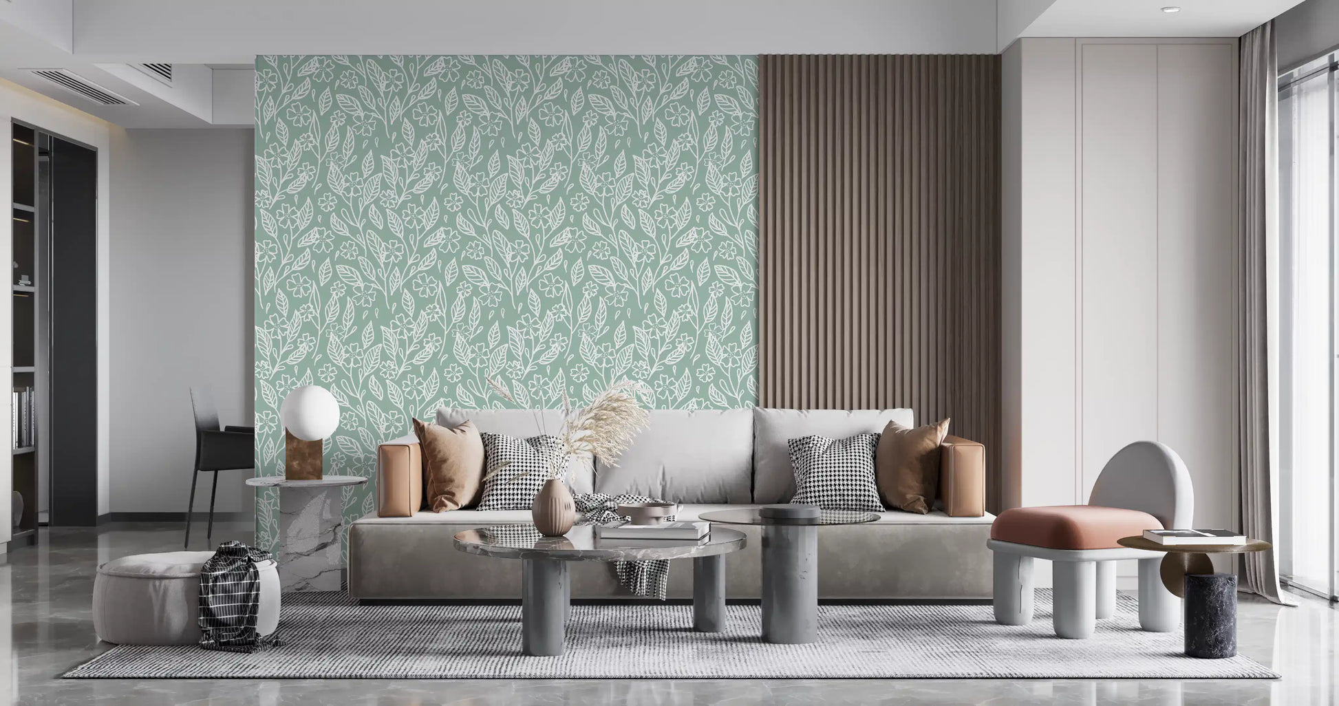 Sage Green Hand-Drawn Floral Line Art Wallpaper⁠